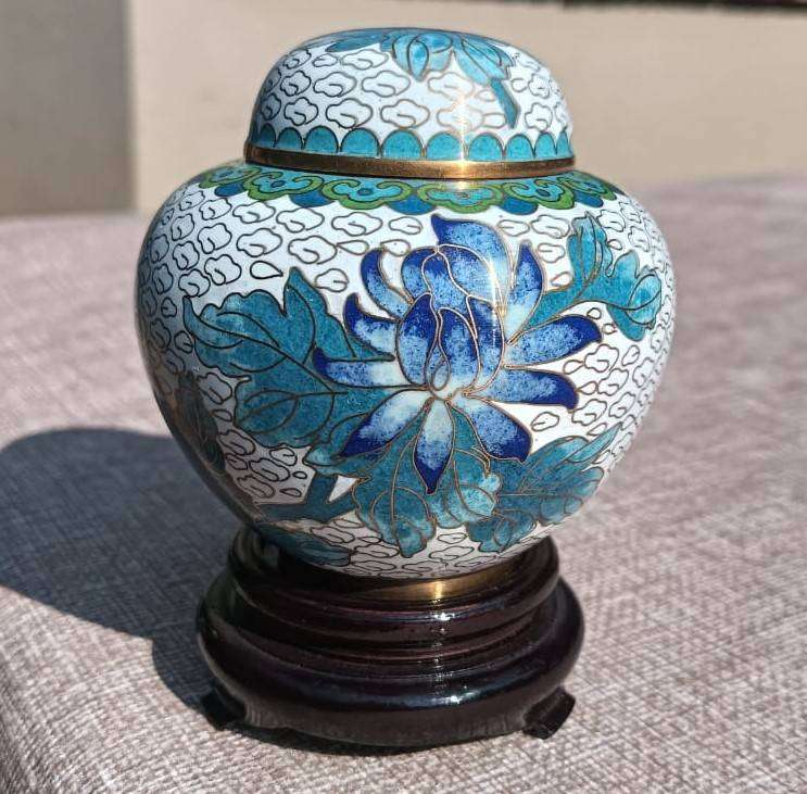 Vintage Chinese Cloisonne on Brass Mini Ginger Jar with Gold Clouds and Lotus Flowers With Stand