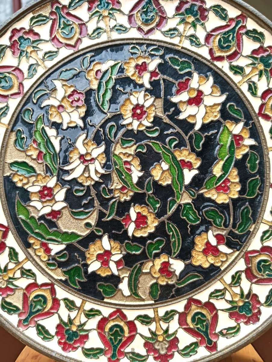 Magnificent Vintage Cloisonne Enamel on Brass Greek Byzantine Mosaic Plate 19cm Diameter Weigh 445g