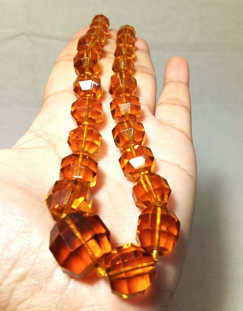 Vintage Art Deco Faceted Graduated Citrine Amber Color Chrystal Bead Necklace in Velvet lined box