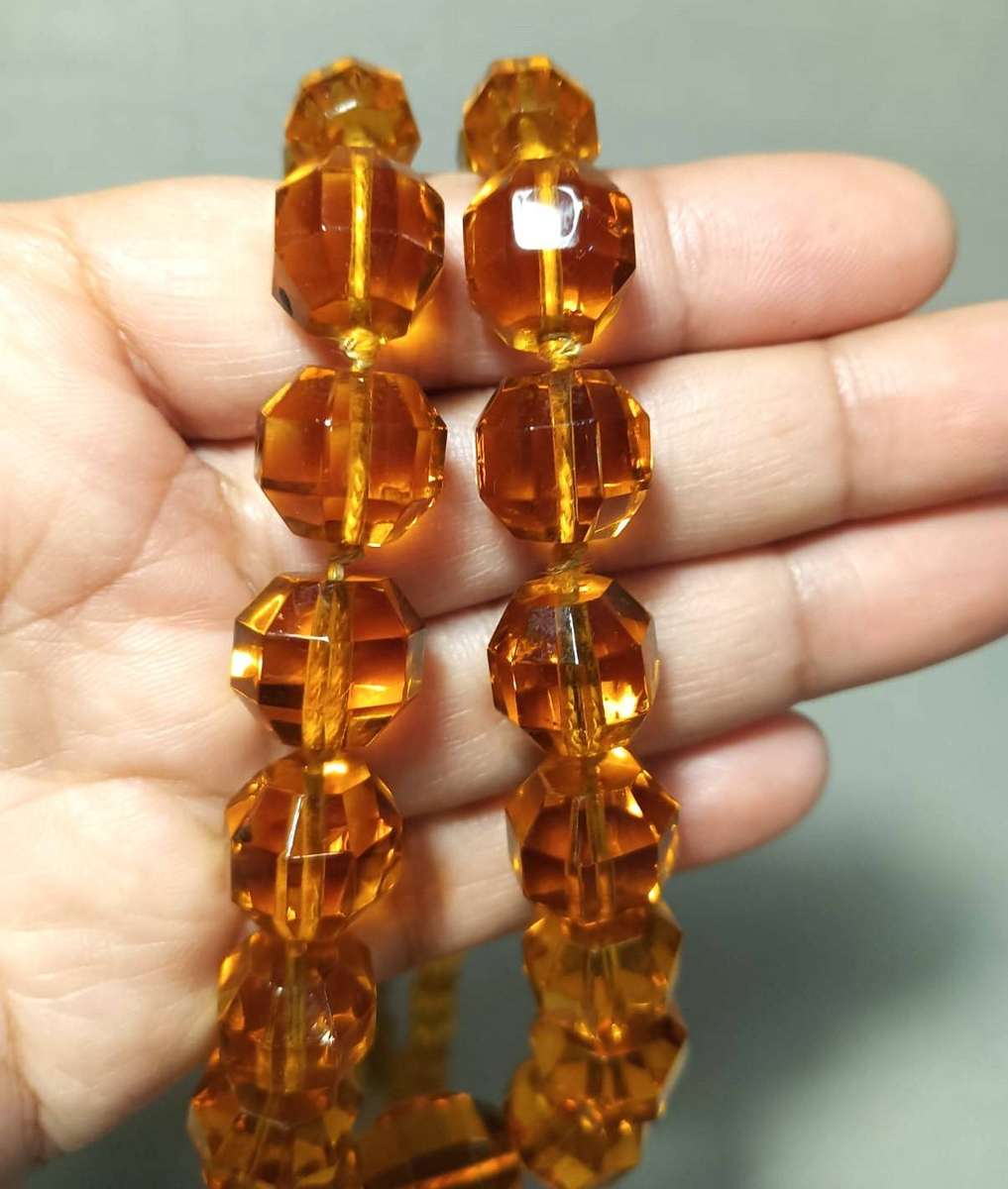 Vintage Art Deco Faceted Graduated Citrine Amber Color Chrystal Bead Necklace in Velvet lined box