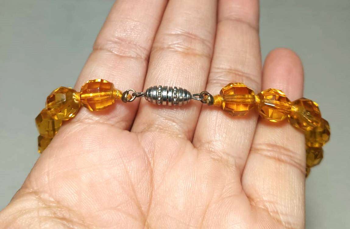 Vintage Art Deco Faceted Graduated Citrine Amber Color Chrystal Bead Necklace in Velvet lined box