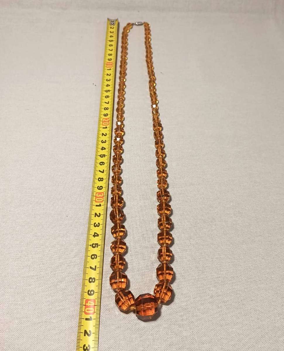 Vintage Art Deco Faceted Graduated Citrine Amber Color Chrystal Bead Necklace in Velvet lined box