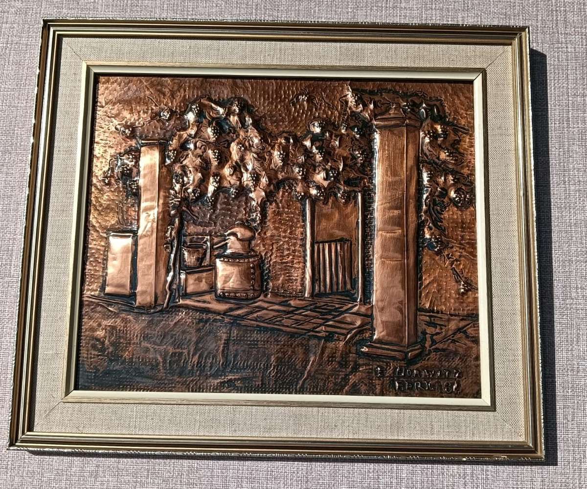 Intriguing Old Wine Farmhouse Moonshine Distillery Copper Relief Artwork Signed E Norwitz Dated 1984