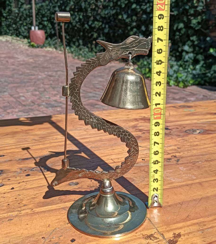 Chinese Dragon Shaped Brass Dinner Bell on Stand with Hammer in Tact