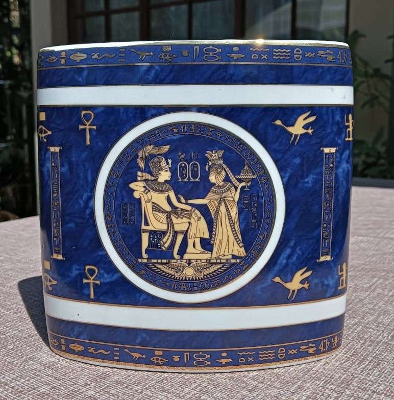 Fathi Mahmoud (FM) Limoges Hieroglyphic Motif Egyptian Open Mouth Floral Vase
