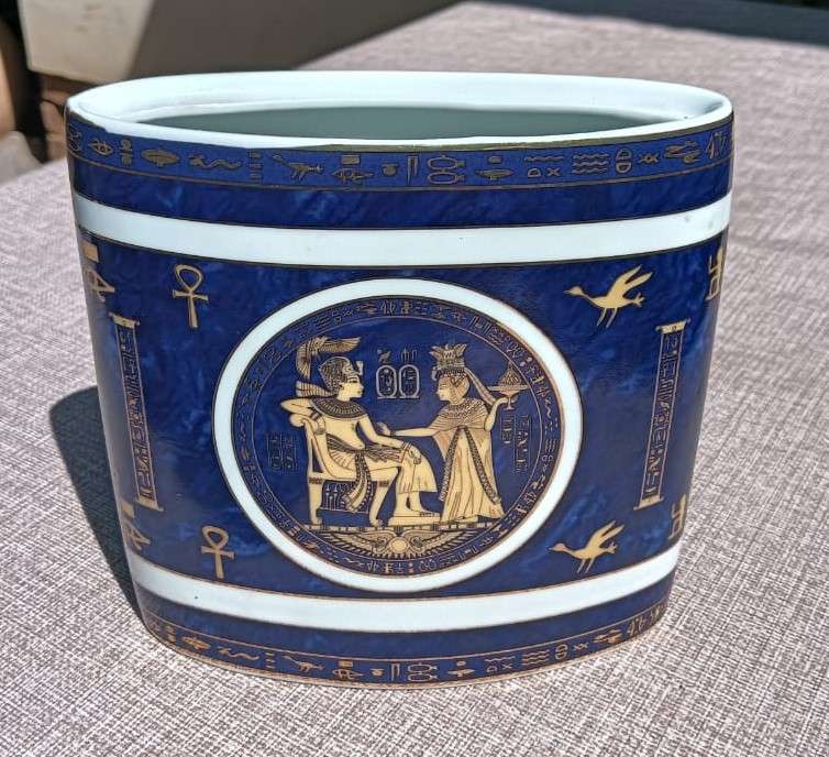 Fathi Mahmoud (FM) Limoges Hieroglyphic Motif Egyptian Open Mouth Floral Vase