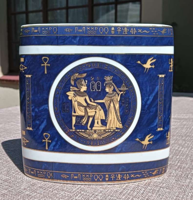 Fathi Mahmoud (FM) Limoges Hieroglyphic Motif Egyptian Open Mouth Floral Vase