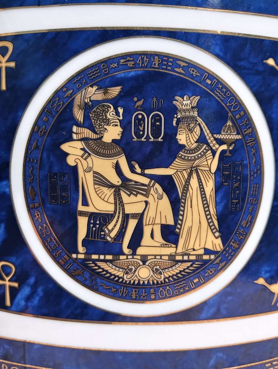 Fathi Mahmoud (FM) Limoges Hieroglyphic Motif Egyptian Open Mouth Floral Vase