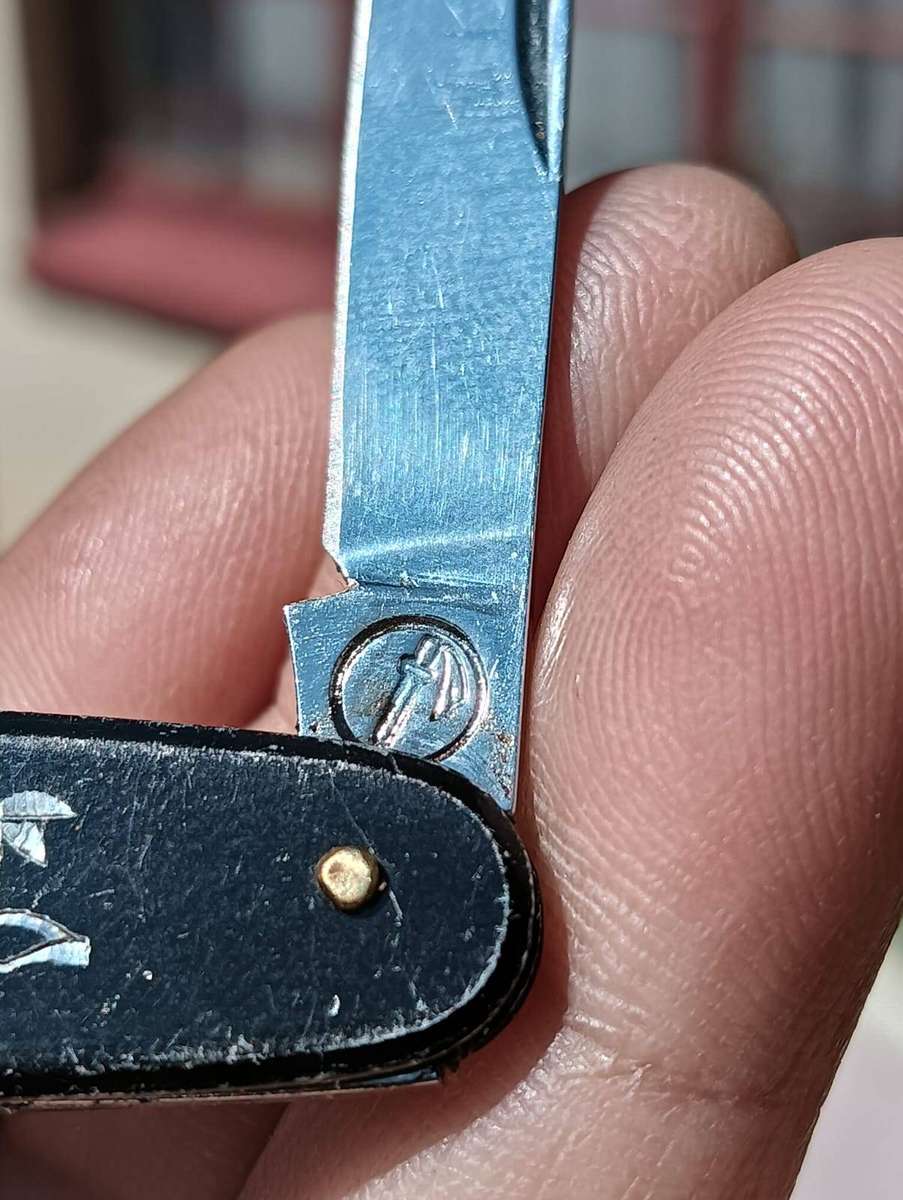 Japanese Twin Blade Mid 20th Cen Pocket Knife with Engraved Bird and Grape Vine Design Dagger Mark