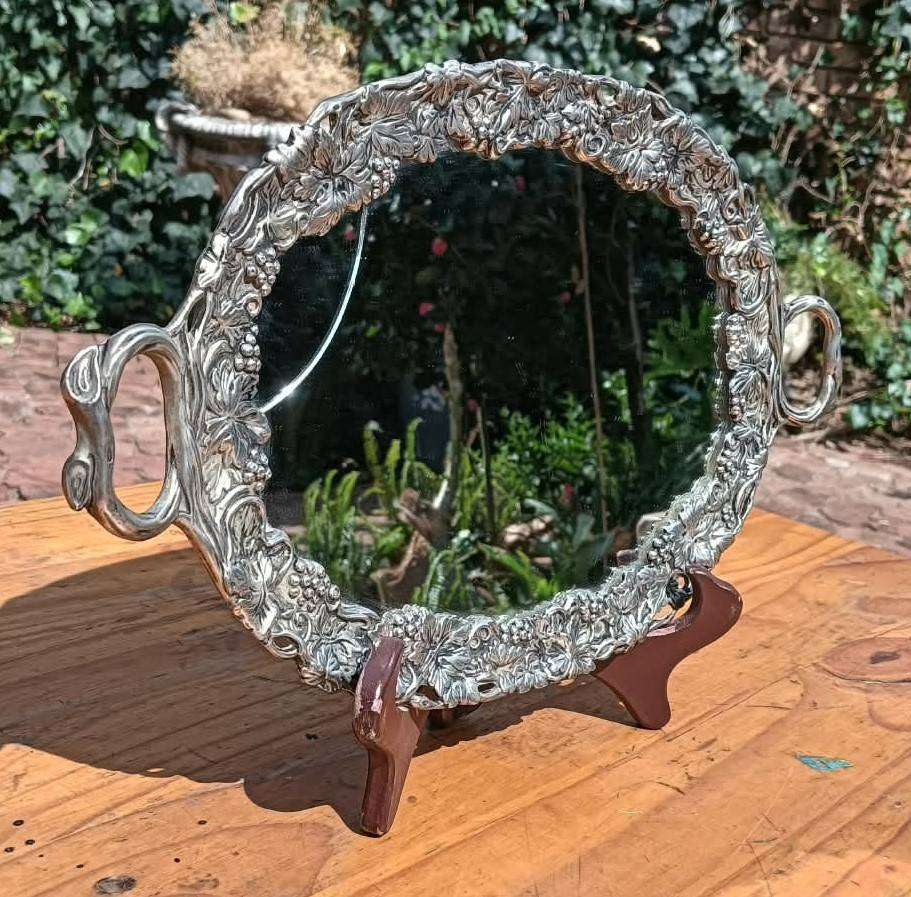 Godinger USA Silverplated Vanity Mirror Tray with Amazing Grape Cluster and Leaf Repousse Frame