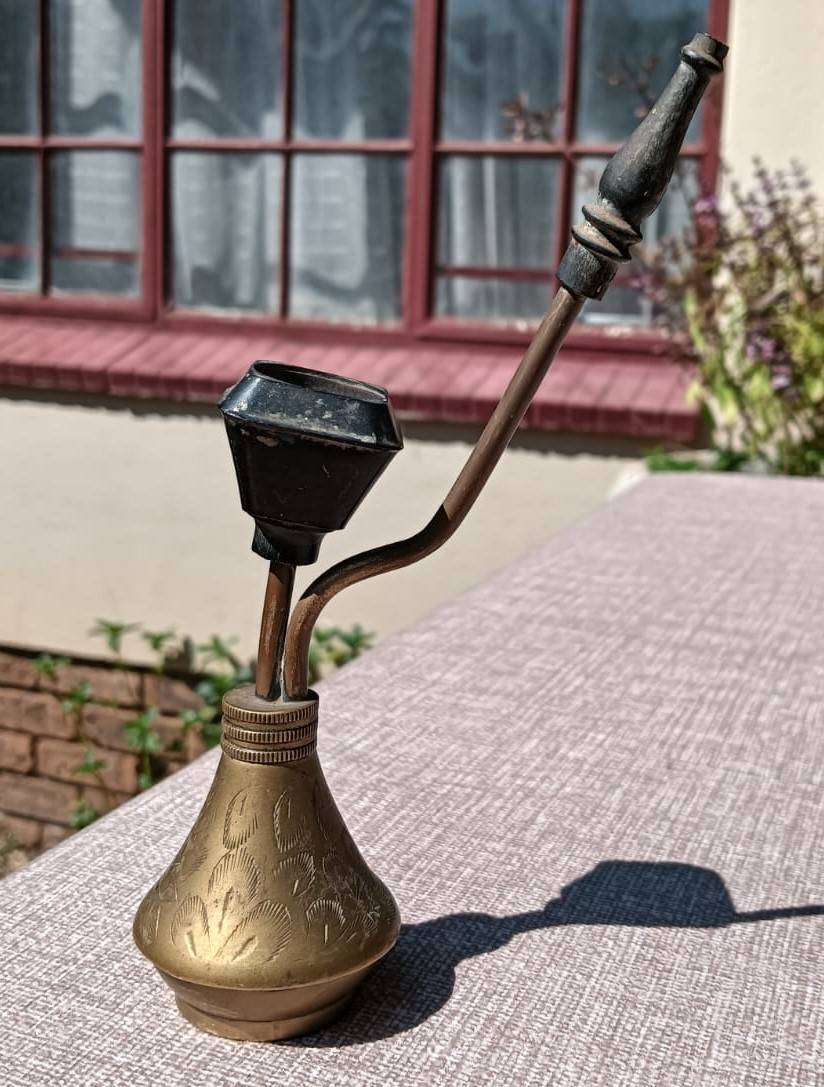 Small Vintage Indian Brass Pocket Hookah / Shisha Pipe / Water Pipe - Hand Engraved
