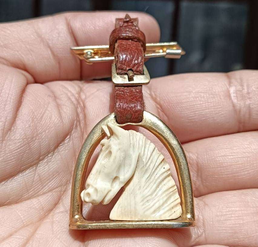 Italian Made "Bone" Carved Horse Head and Brass Stirrup Brooch