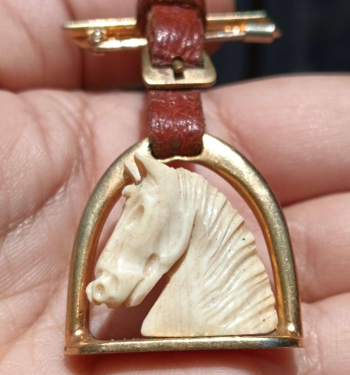 Italian Made "Bone" Carved Horse Head and Brass Stirrup Brooch