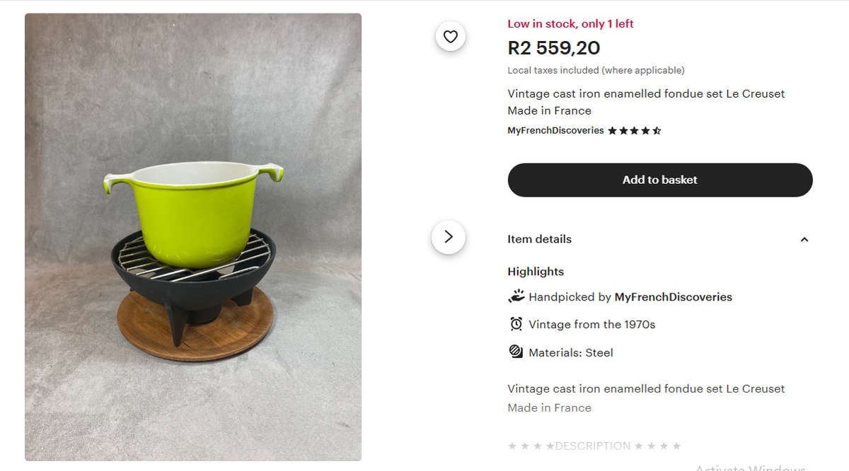 VINTAGE 1970S LE CREUSET FRANCE CAST IRON FONDUE STAND - GRILL IN TACT BUT NO BURNER