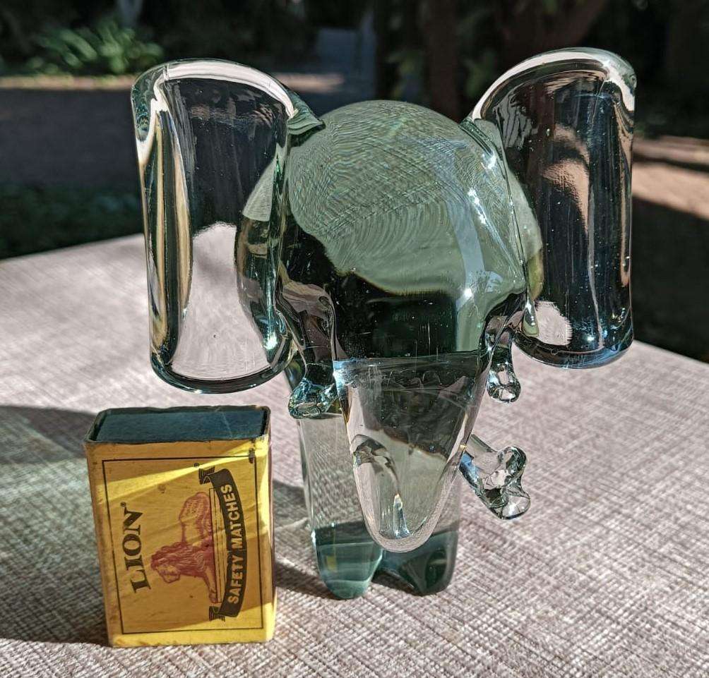 Massive Ngwenya Glass Elephant with Trunk Curled in Feeding Motion Large 13cm High Weighs Nearly 1kg