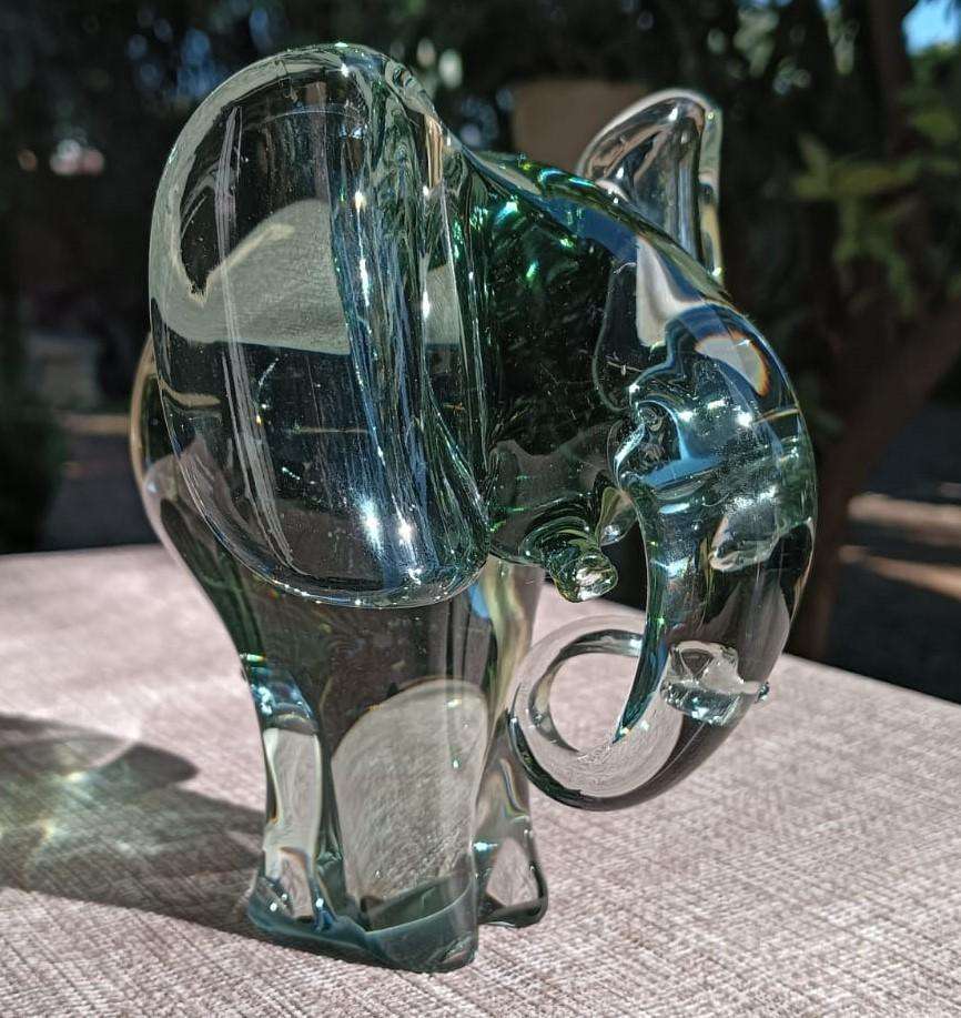 Massive Ngwenya Glass Elephant with Trunk Curled in Feeding Motion Large 13cm High Weighs Nearly 1kg