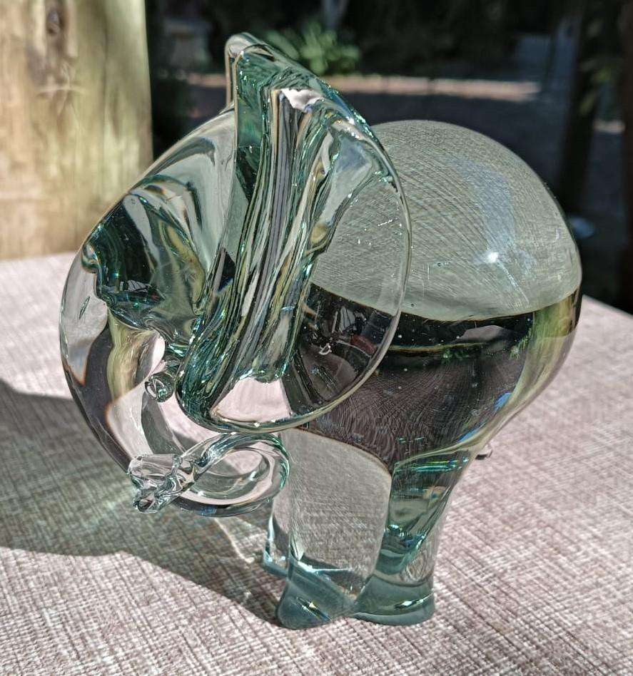 Massive Ngwenya Glass Elephant with Trunk Curled in Feeding Motion Large 13cm High Weighs Nearly 1kg