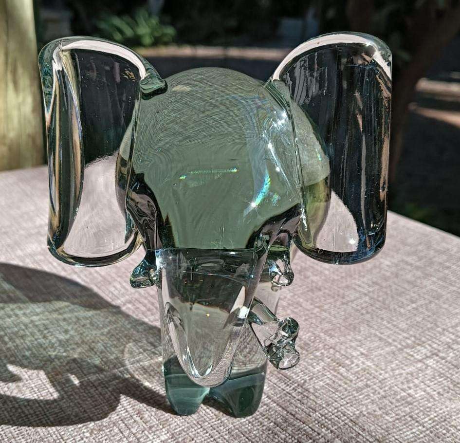 Massive Ngwenya Glass Elephant with Trunk Curled in Feeding Motion Large 13cm High Weighs Nearly 1kg