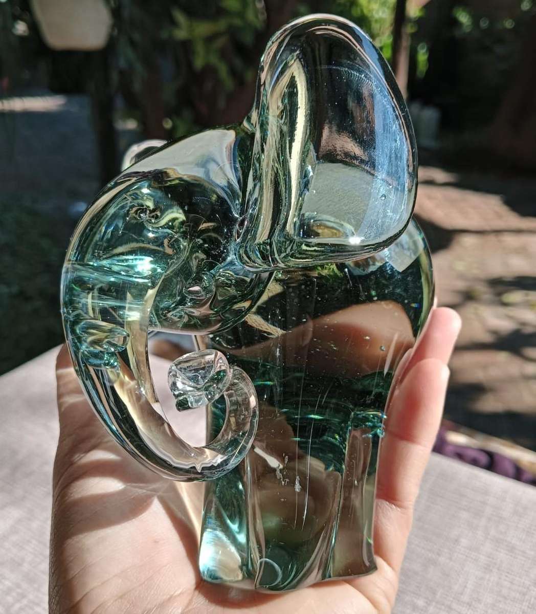 Massive Ngwenya Glass Elephant with Trunk Curled in Feeding Motion Large 13cm High Weighs Nearly 1kg