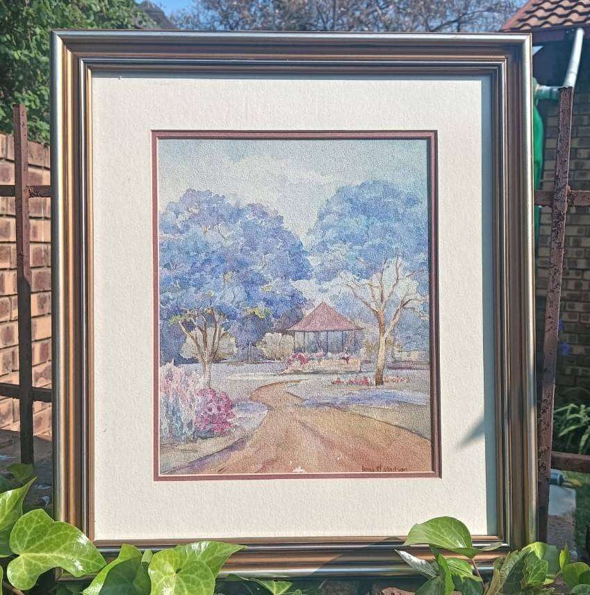 Iona M Hodson (Scottish/SA 1897-198?) Watercolour Jacaranda Trees with Pergola Framed 44cm H 39cm W