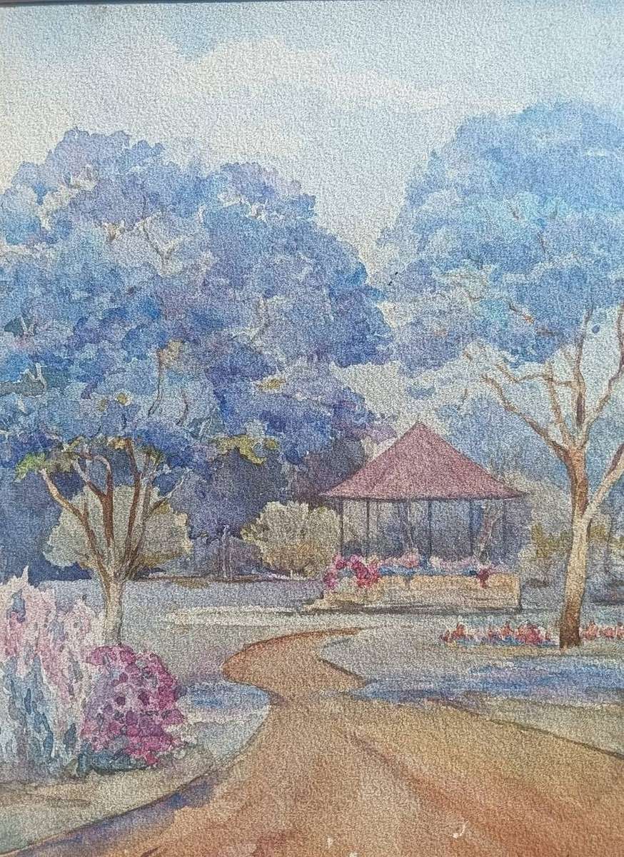 Iona M Hodson (Scottish/SA 1897-198?) Watercolour Jacaranda Trees with Pergola Framed 44cm H 39cm W