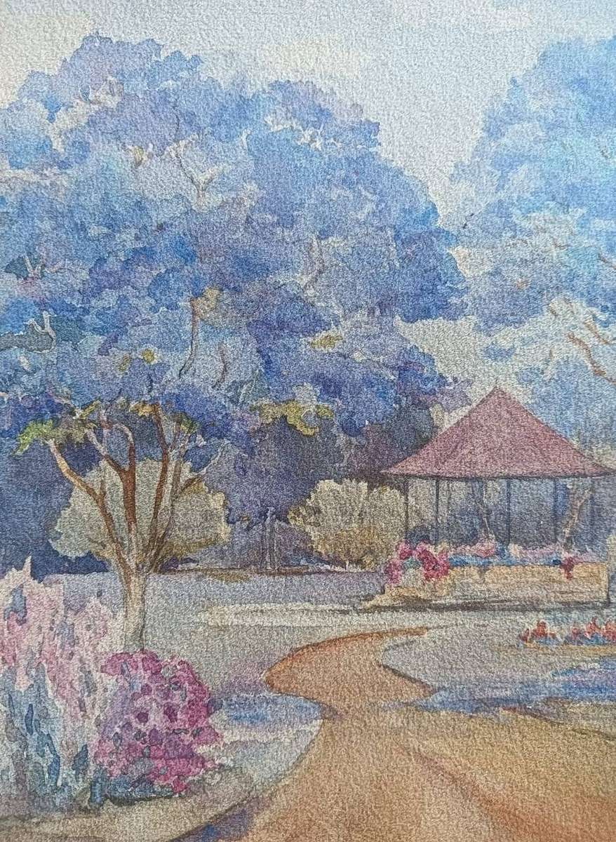 Iona M Hodson (Scottish/SA 1897-198?) Watercolour Jacaranda Trees with Pergola Framed 44cm H 39cm W