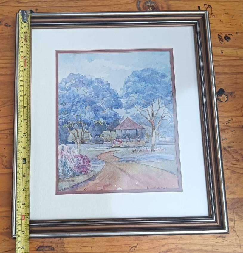 Iona M Hodson (Scottish/SA 1897-198?) Watercolour Jacaranda Trees with Pergola Framed 44cm H 39cm W