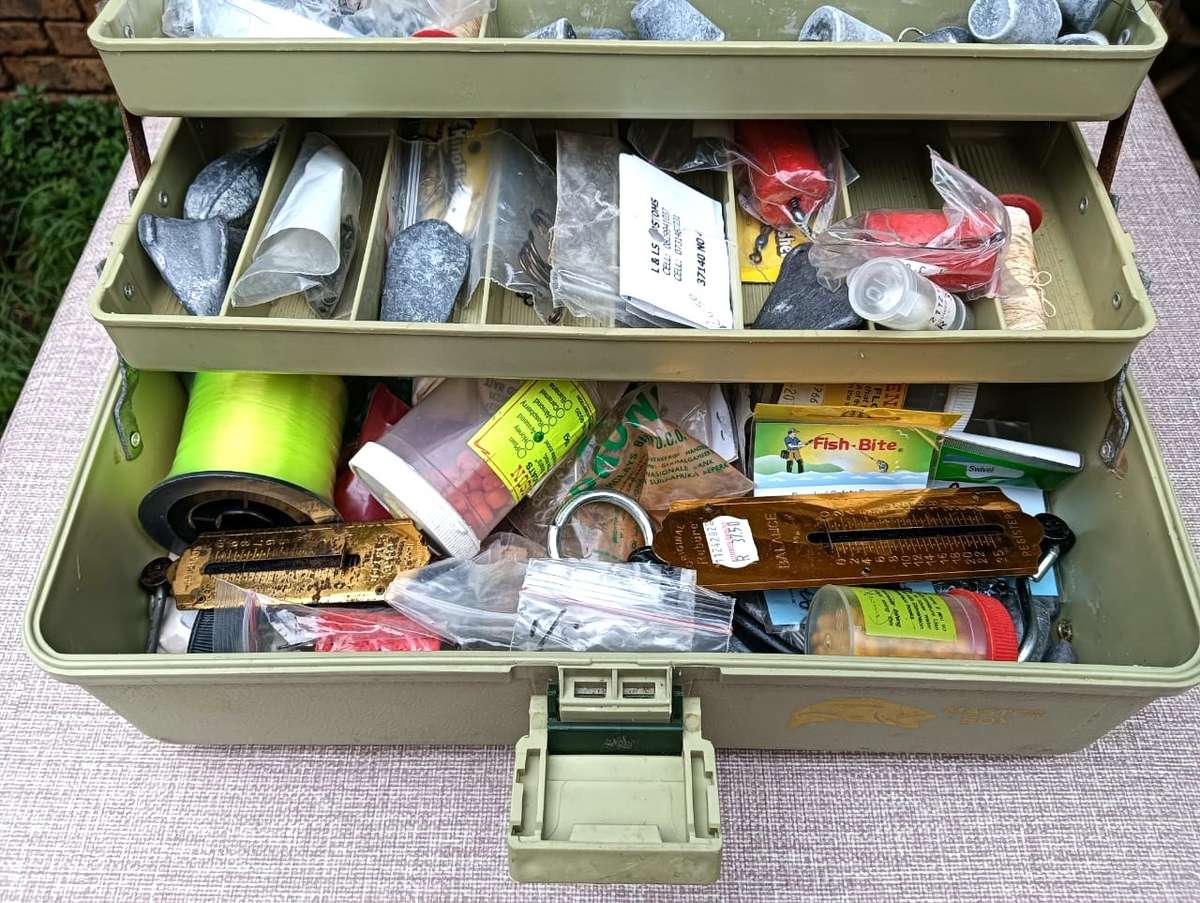 Master Fishing Tackle Box Filled With Salt and Fresh Water Fishing Sinkers, Hooks, Scales, Lures etc