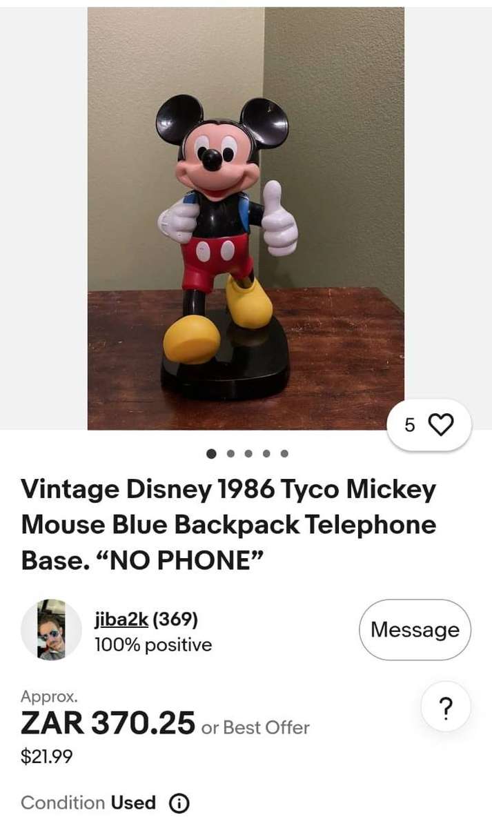Disney Mickey Mouse 1986 Tyco Blue Backpack Telephone Base No Phone