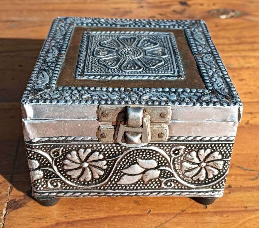 Hand Made Mini Chest Shaped Wood and Metal Panel Trinket Box with Decorative Flower Design