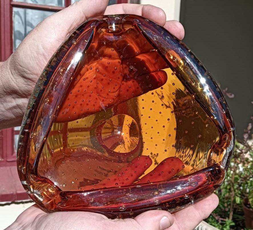 Vintage Murano Orange Bullicante (controlled bubbles) Bowl Large 19cm Wide Totally Handmade