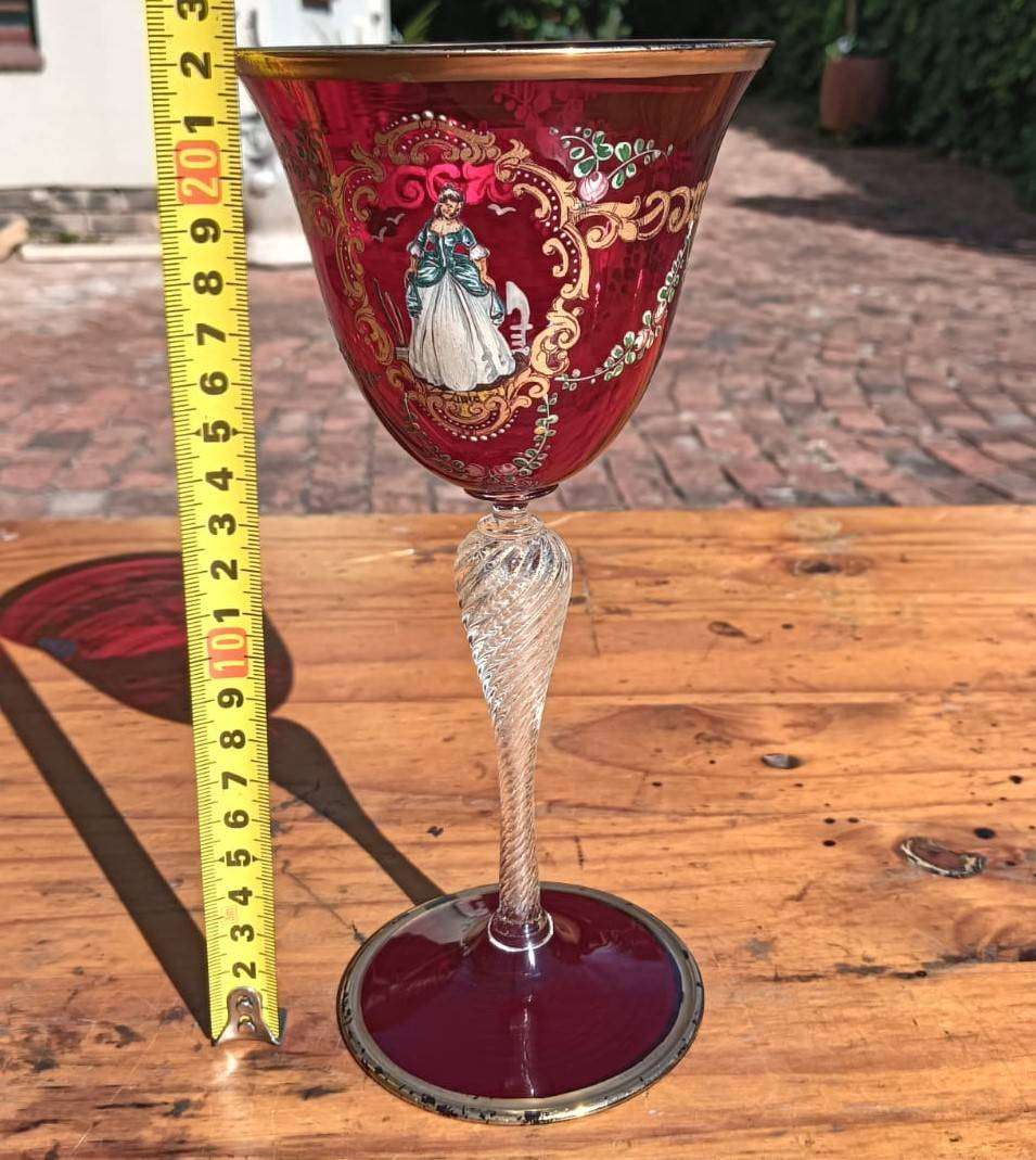 Italian Murano Hand Blown (Has Pontil Scar) Enamel Hand Painted Red Ruby Glass Goblet Good Condition