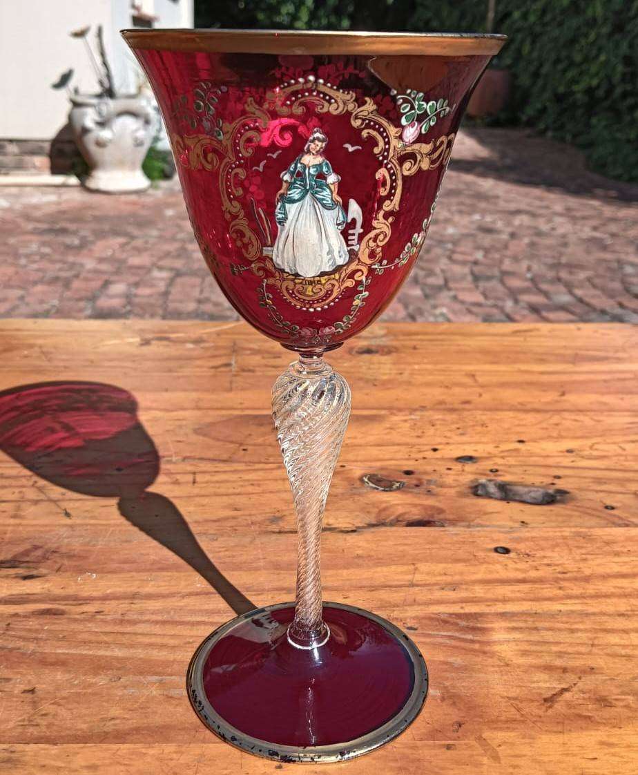 Italian Murano Hand Blown (Has Pontil Scar) Enamel Hand Painted Red Ruby Glass Goblet Good Condition