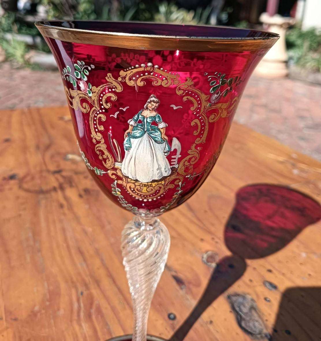 Italian Murano Hand Blown (Has Pontil Scar) Enamel Hand Painted Red Ruby Glass Goblet Good Condition
