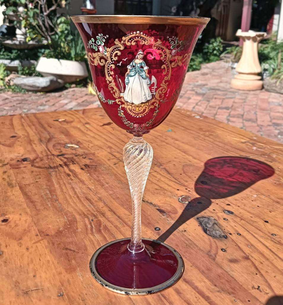 Italian Murano Hand Blown (Has Pontil Scar) Enamel Hand Painted Red Ruby Glass Goblet Good Condition