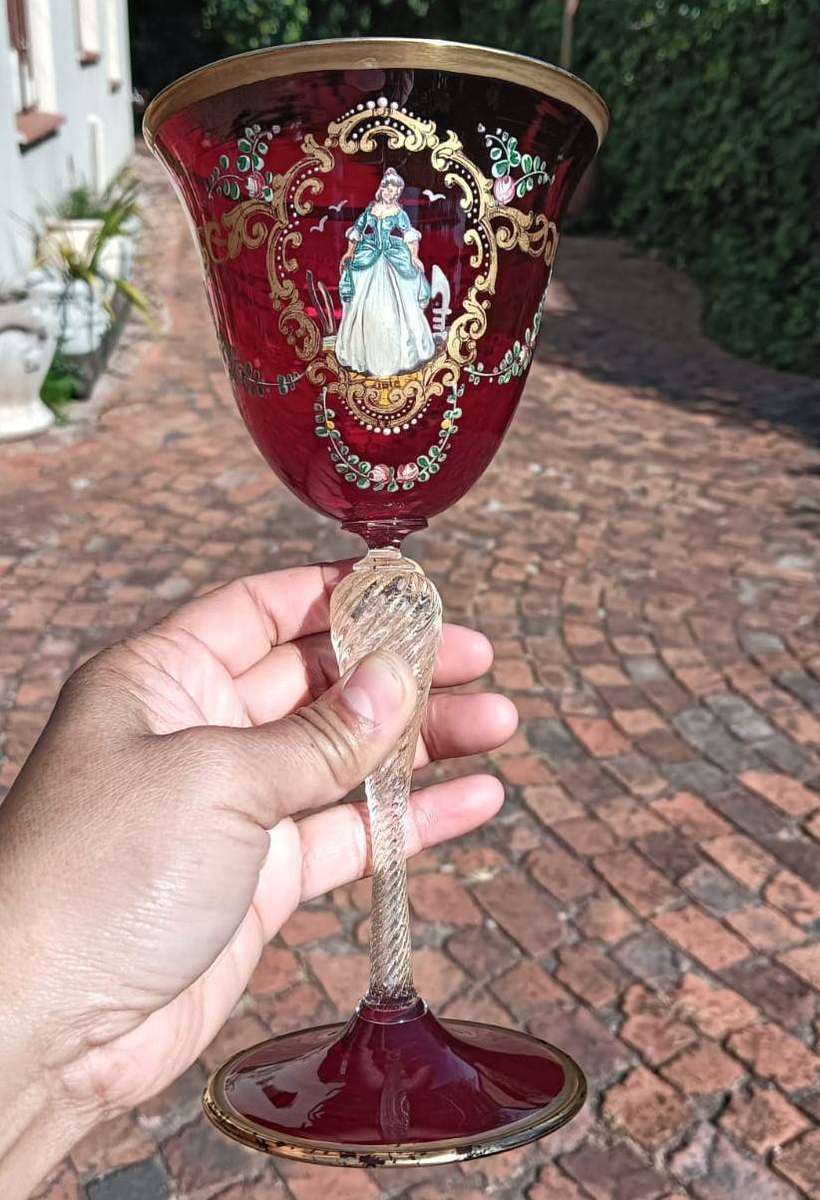 Italian Murano Hand Blown (Has Pontil Scar) Enamel Hand Painted Red Ruby Glass Goblet Good Condition