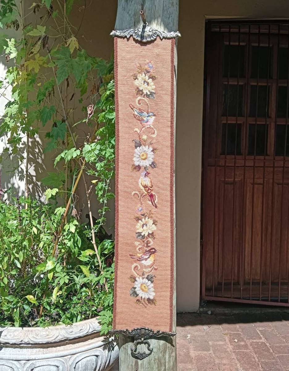 Vintage Needlepoint Tapestry Bell Pull with Birds an Flowers 90cm Long In Good Condition