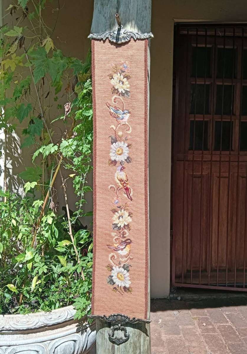 Vintage Needlepoint Tapestry Bell Pull with Birds an Flowers 90cm Long In Good Condition