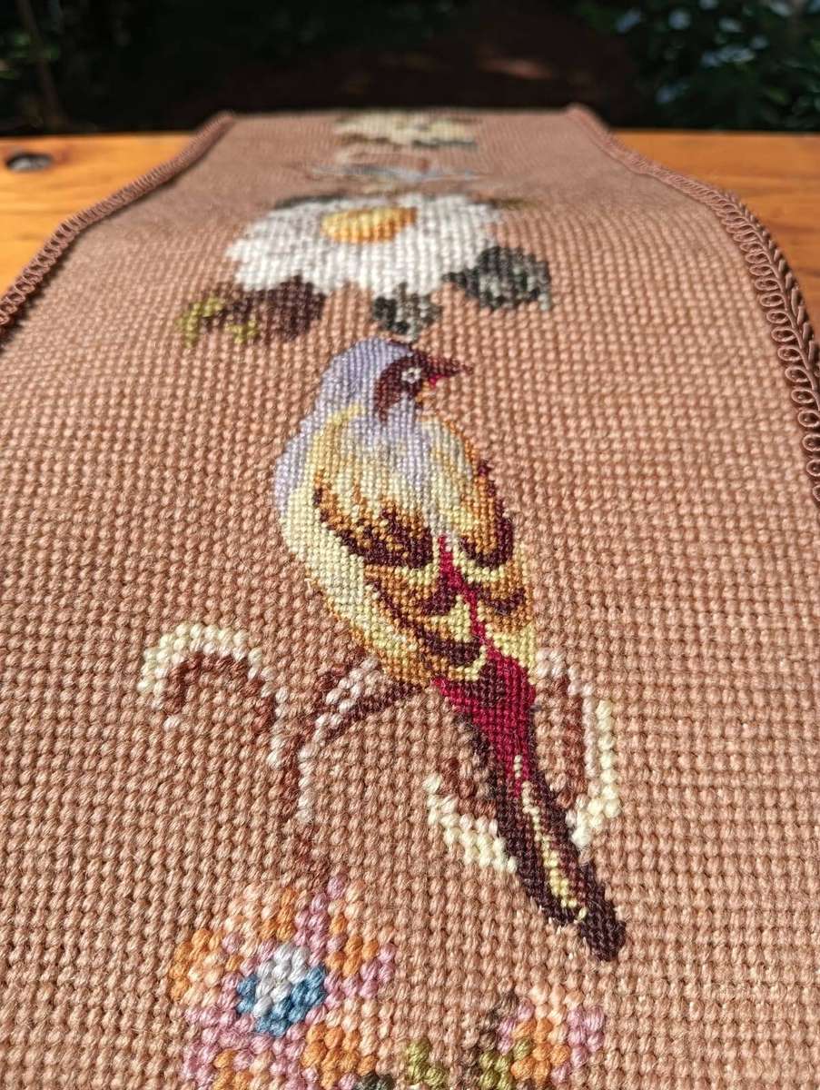 Vintage Needlepoint Tapestry Bell Pull with Birds an Flowers 90cm Long In Good Condition