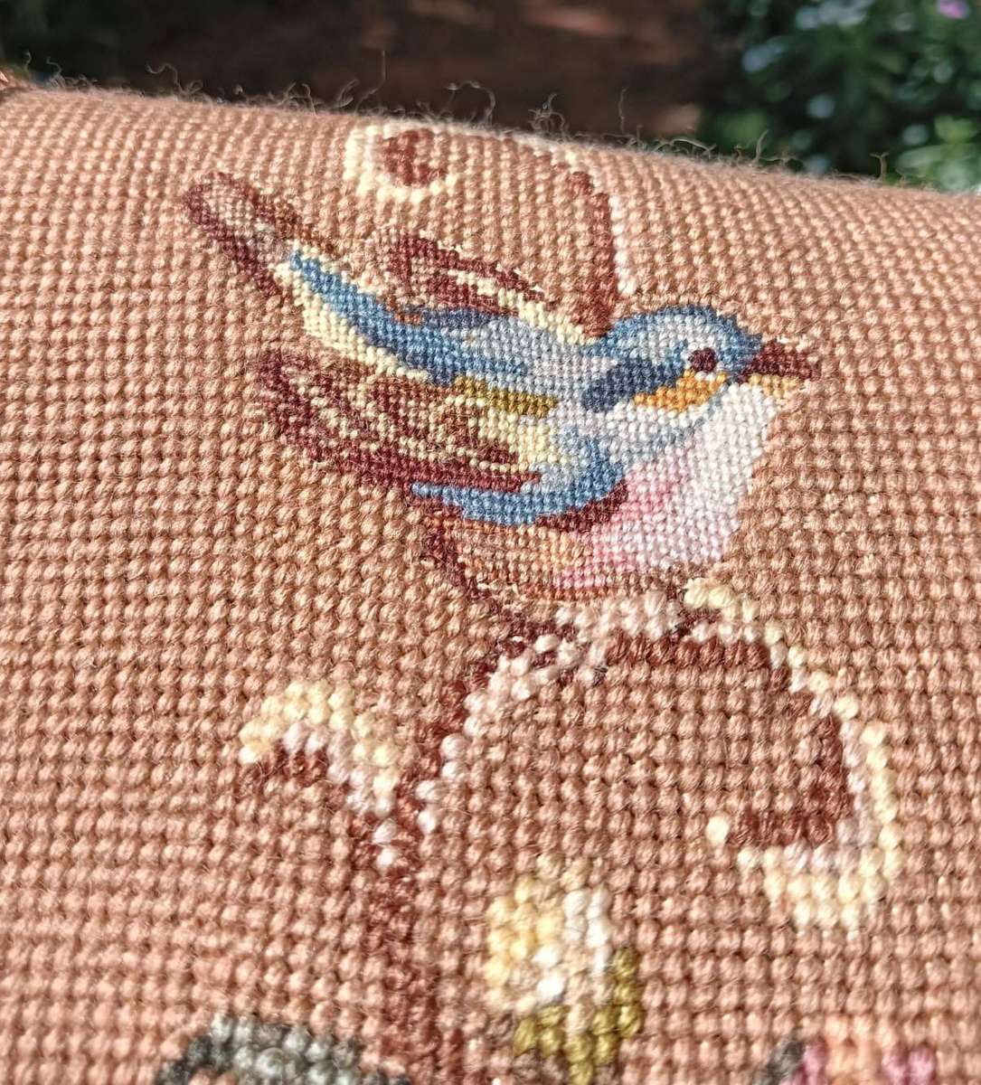 Vintage Needlepoint Tapestry Bell Pull with Birds an Flowers 90cm Long In Good Condition