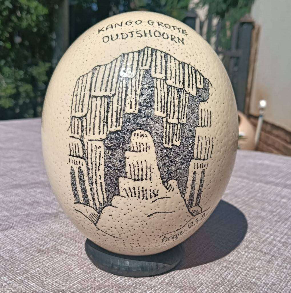 Cleopatras Needle Kango Grotte Grahamstown Ostrich Egg Signed Angie RSA With Attached Stand No 3 of