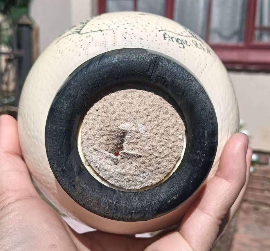 Cleopatras Needle Kango Grotte Grahamstown Ostrich Egg Signed Angie RSA With Attached Stand No 3 of