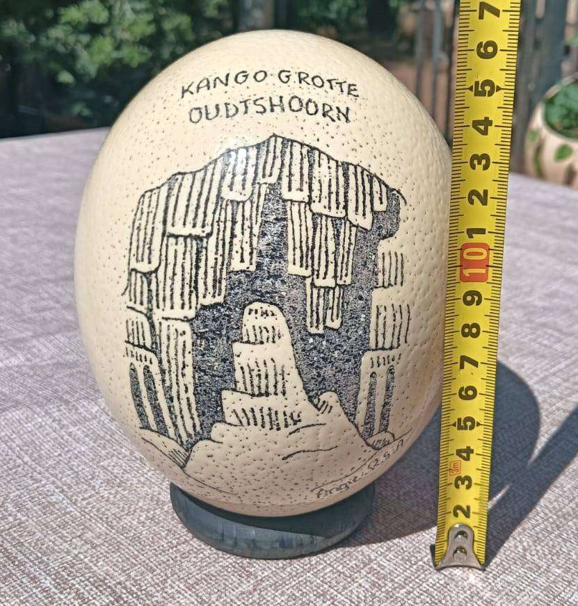 Cleopatras Needle Kango Grotte Grahamstown Ostrich Egg Signed Angie RSA With Attached Stand No 3 of