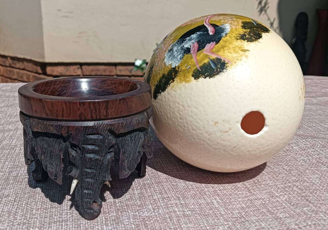 Hand Painted Ostrich Egg with Carved Wooden Elephant Stand No 4 of 4 Eggs on Auc