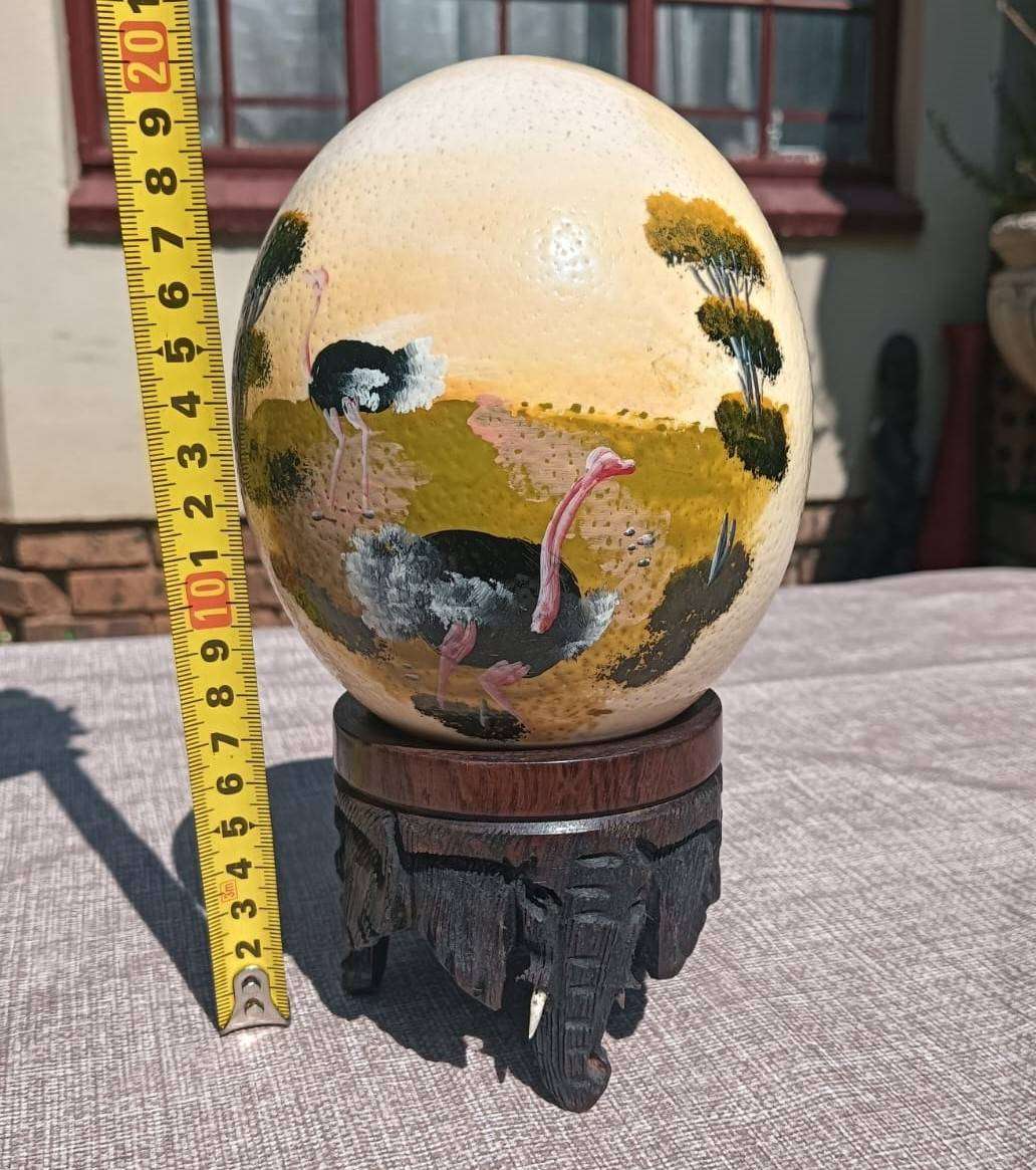Hand Painted Ostrich Egg with Carved Wooden Elephant Stand No 4 of 4 Eggs on Auc
