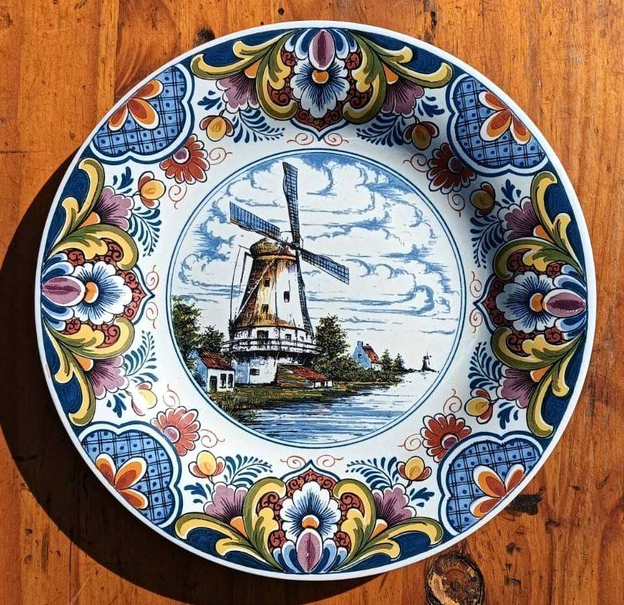Oud Delft Pottery Polychrome Plate with Hand Painted Windmill Scene - Good Condition