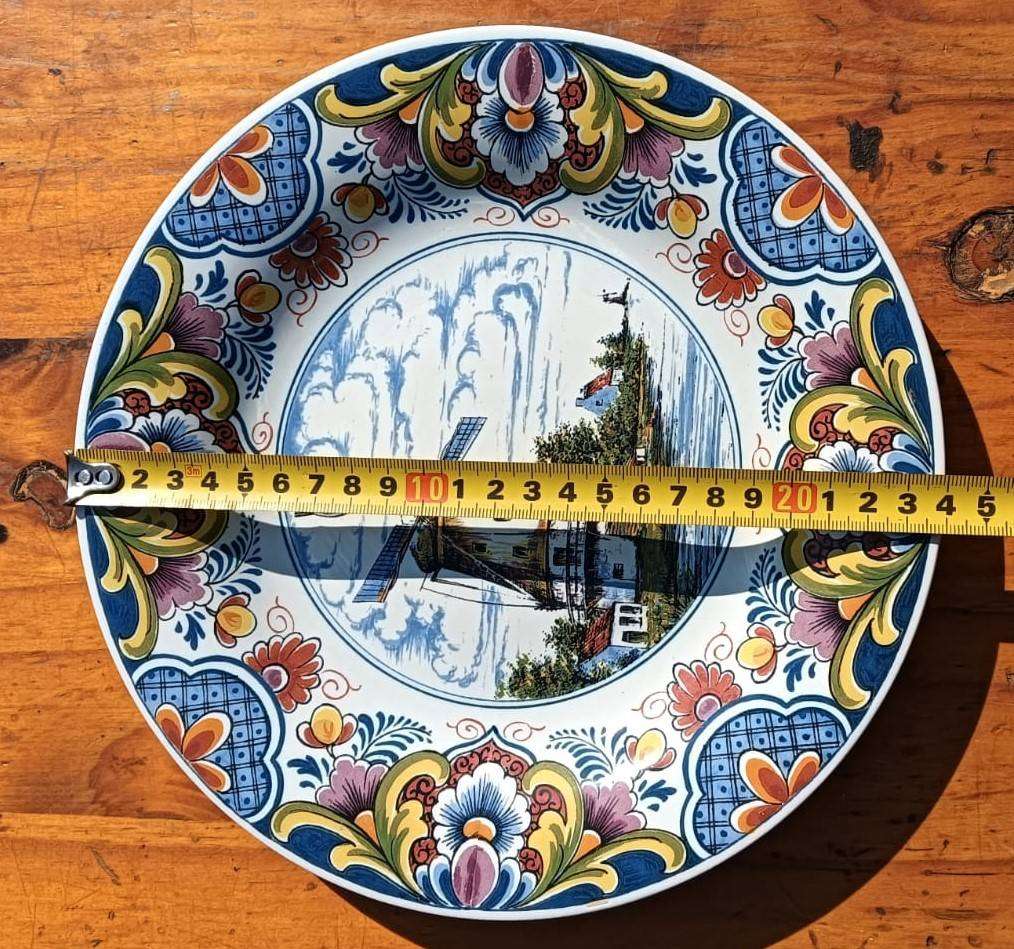 Oud Delft Pottery Polychrome Plate with Hand Painted Windmill Scene - Good Condition