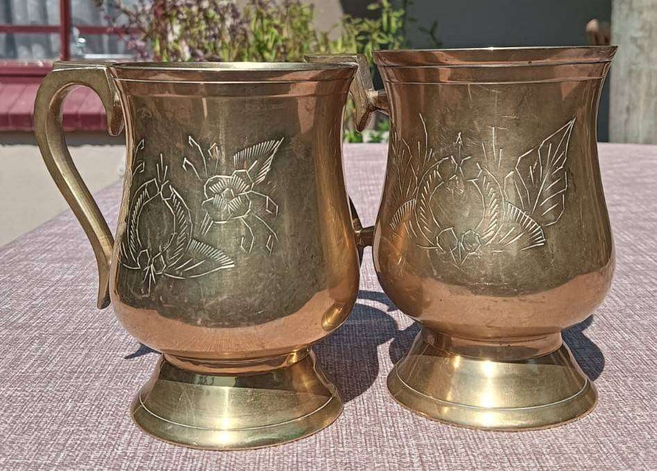 Pair of Solid Brass Tankards or Beer Mugs (350g each) with Floral Engravings