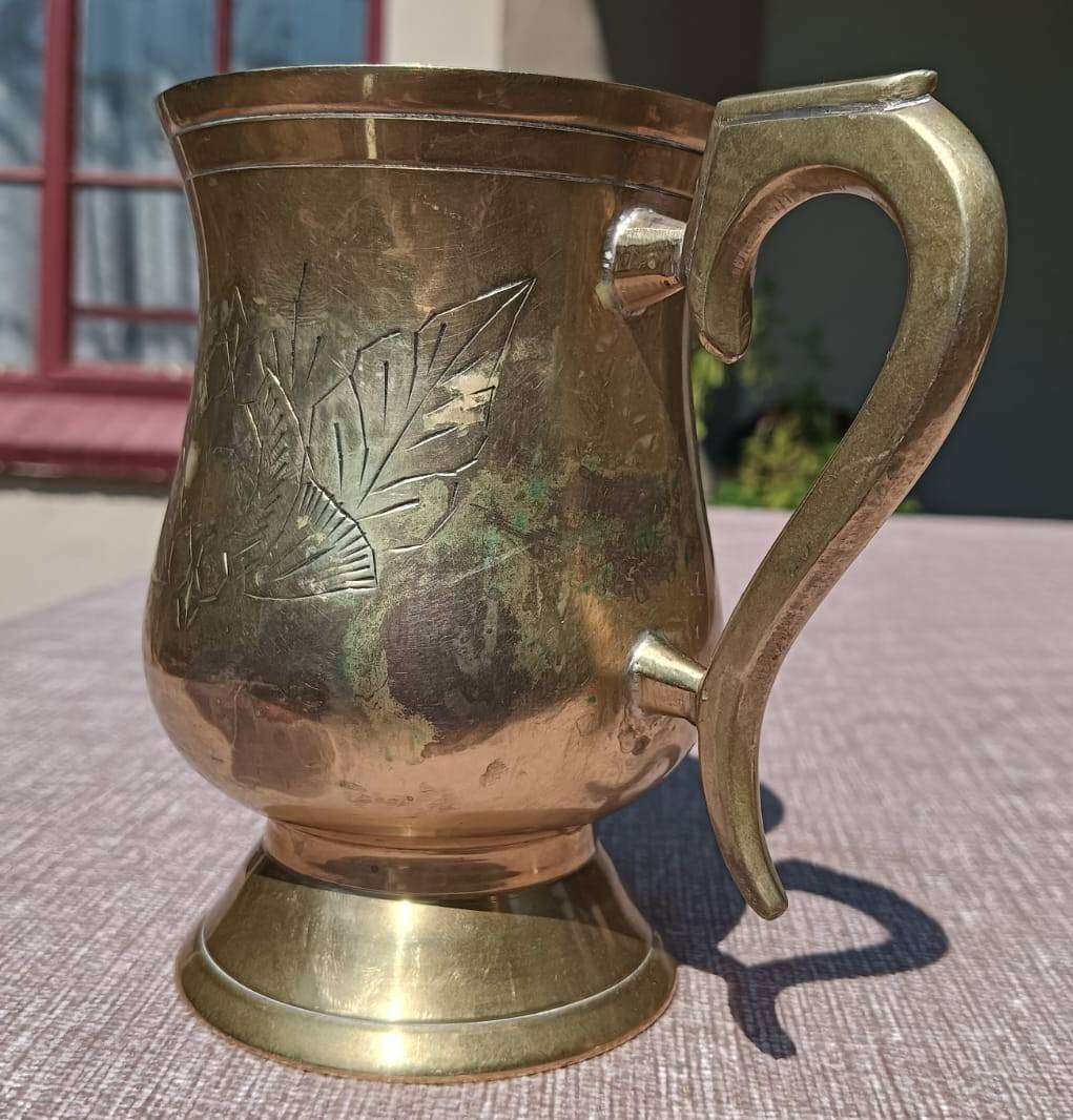 Pair of Solid Brass Tankards or Beer Mugs (350g each) with Floral Engravings
