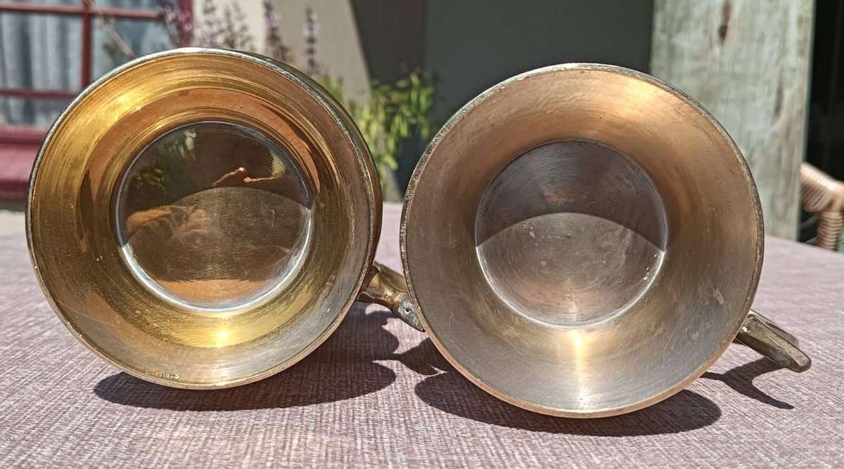 Pair of Solid Brass Tankards or Beer Mugs (350g each) with Floral Engravings
